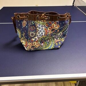 Blue and brown leather bucket bag